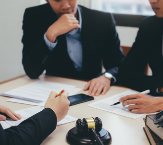 Three individuals discuss possible lawsuit losses