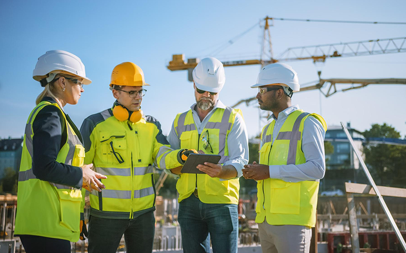 General contractor speaking to construction foremen and machine operator