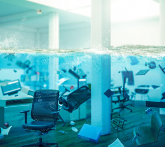 A photo representation of a flooded office