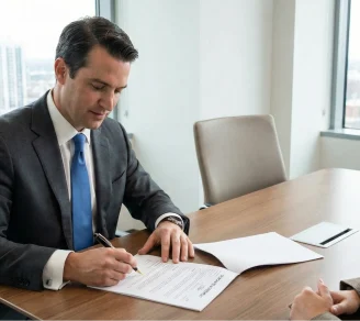 A man wearing a suit signing a contract with a pen