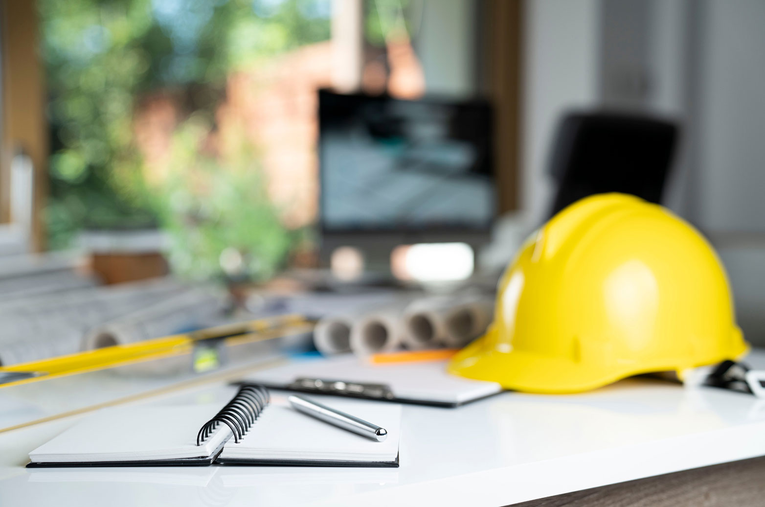 Yellow hard hat on a table with a notebook, level, and clipboard