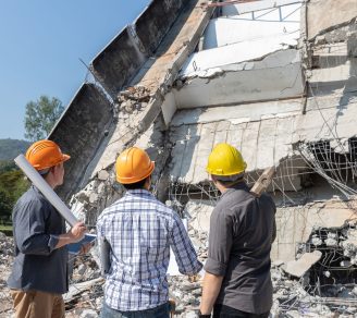 ODCA members wearing hard hats on a demolition site outdoors