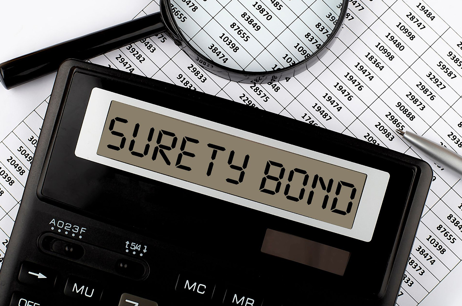 Calculator showing the words Surety Bond in digital-looking text.