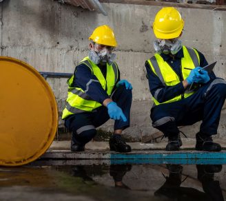 Two contractors inspecting a construction area with a chemical leak