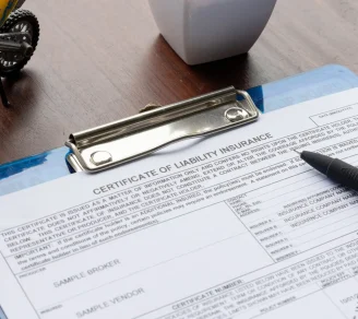 A certfiicate of liability insurance on a clipboard