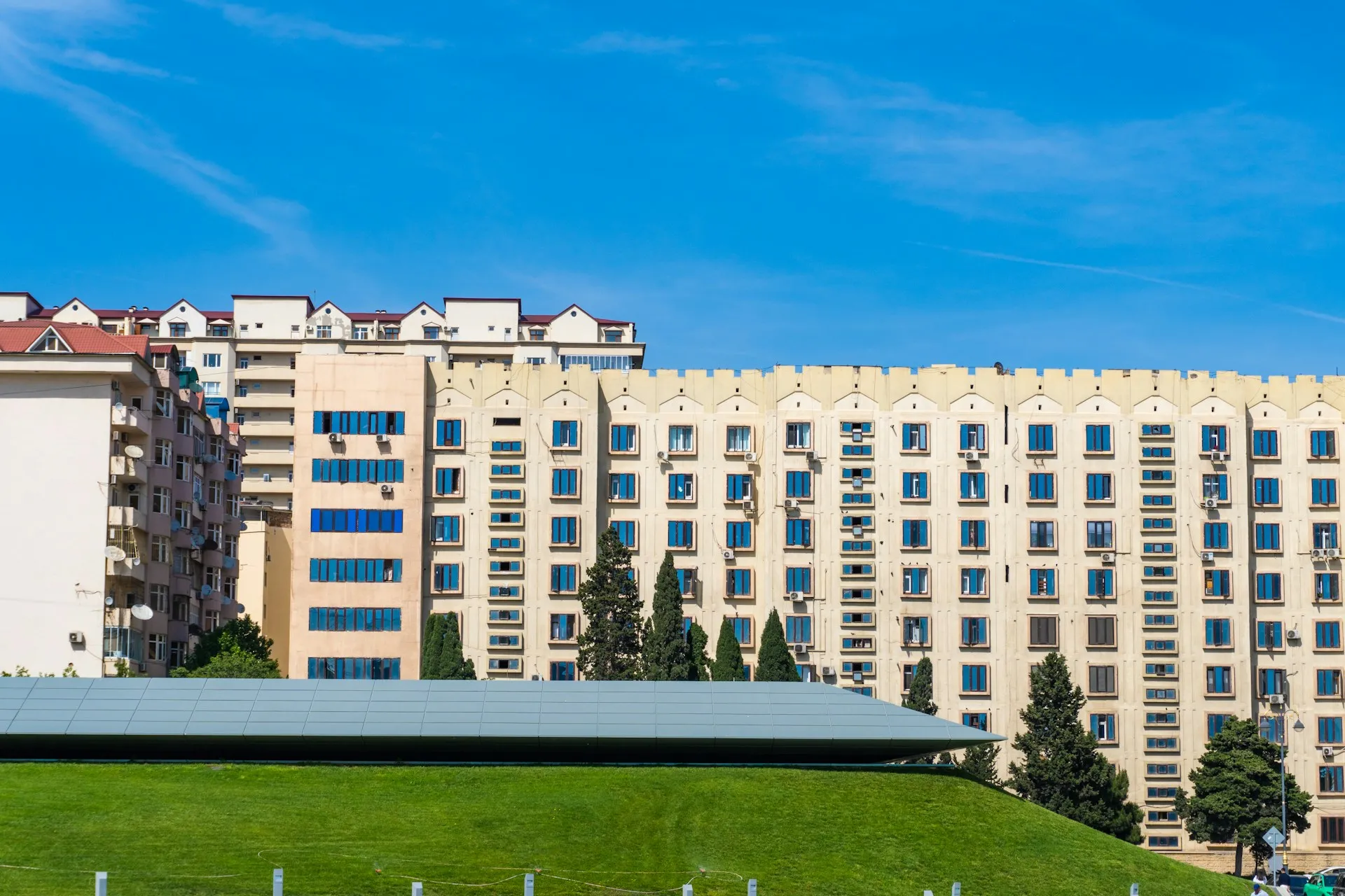 Modern apartment buildings in blue sky